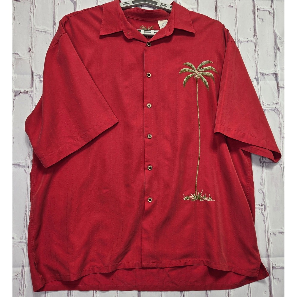 Bamboo Cay Button Shirt Red Palm Tree Embroidered Tropical Hawaiian Camp Men XXL
